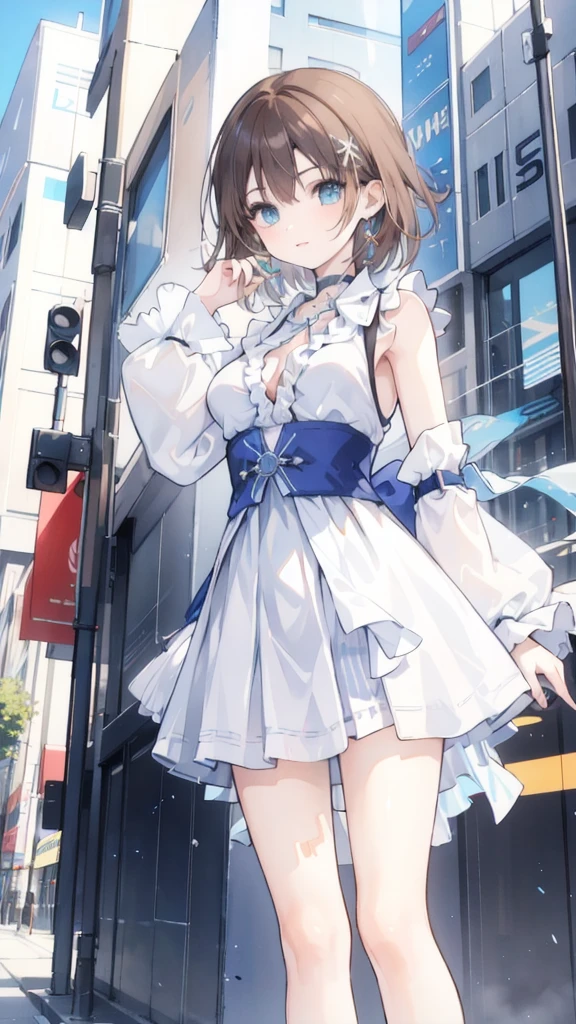 best quality,masterpiece,8k wallpaper,absurdres, highres, ultra detailed, (****ung beautiful girl, solo:1.1), yuna (ff10),heterochromia, green eyes,  brown hair, short hair, blue eyes, jewelry, ring,dress shirt,overall skirt,hand between legs,cityscape, skyscraper,east_asian_architecture, street,BREAK