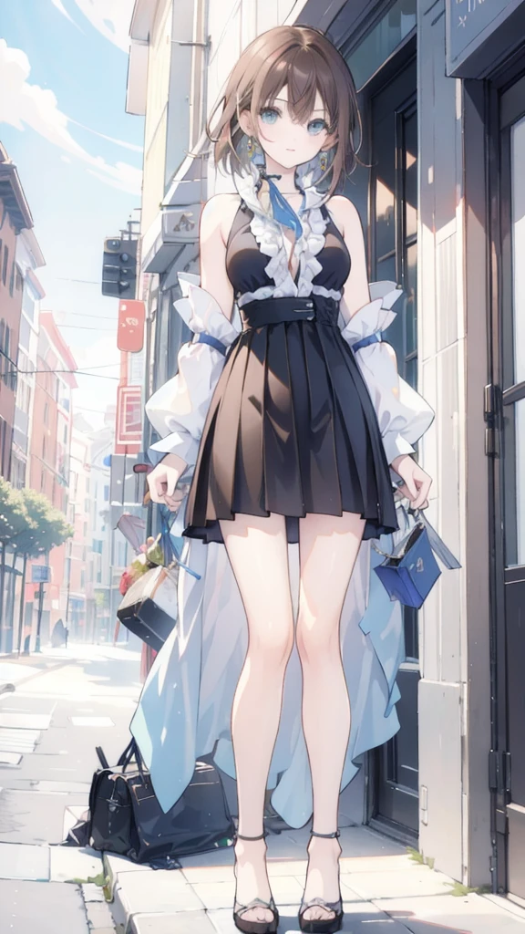 best quality,masterpiece,8k wallpaper,absurdres, highres, ultra detailed, (****ung beautiful girl, solo:1.1), yuna (ff10),heterochromia, green eyes,  brown hair, short hair, blue eyes, jewelry, ring,dress shirt,overall skirt,hand between legs,cityscape, skyscraper,east_asian_architecture, street,BREAK