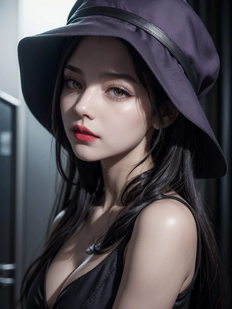 a woman with gray skin, sinister beauty, with long black hair in a bun, yellow eyes, pearly white low-cut dress, red lipstick, purple makeup, with a black floppy hat from the game Resident Evil Village