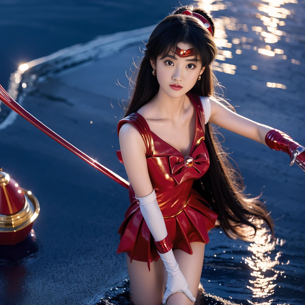 Highest quality, masterpiece, Ultra-high resolution, Very detailed, 8K, 14 year old beautiful Japanese woman:1.5, Small face, (A detailed and glamorous red Sailor Moon costume:1.5), Breast Augmentation Surgery, Very detailedな臭い脇の下、 Dynamic Angle