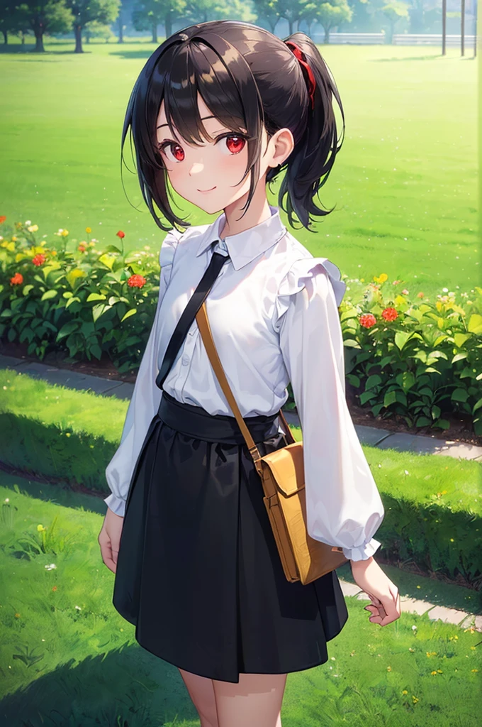(masterpiece; best quality: 1.2), (finely detailed eyes: 1.3), ((10 year old female kid)), ((solo)), (red eyes: 1.4), (body; short, slender: 1.3), (black hair in ponytail: 1.3), (beautiful and clear background: 1.2), ((depth of field)), (clothes: wanderer mage attire + white-and-gold wide-sleeve shirt + very long black skirt + traveler pouches and satchel: 1.3), (anime illustration: 1.2), (background; garden exterior: 1.1), (extremely fine and beautiful: 1.1), (shot composition; standing + centered on torso + close-up: 1.5), (expression; calm, smile: 1.2)