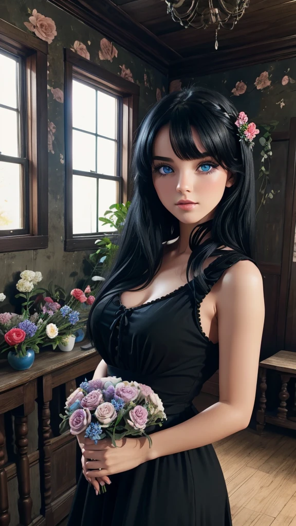 Beautiful girl with blue eyes and black hair wearing black dress in an old house full of flowers