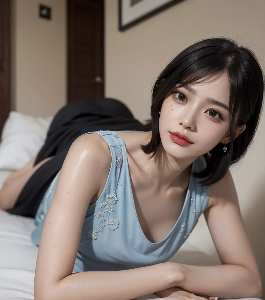 absurdres, RAW photo, extremely delicate and beautiful, masterpiece, Best Quality, ultra high resolution, 32k, hyperrealistic, ultra-detailed, late 20s, very Slim body, narrow waist, very small head, handsome detailed woman, very detailed eyes and face, realistic face proportions, Stunning detailed eyes, Realistic beautiful face, very small face, Realistic small beautiful eyes, delicate facial features, tearful mole, earring, very huge round breasts, ((((full body shot)))), medium hair, black hair, ((cheongsam)),