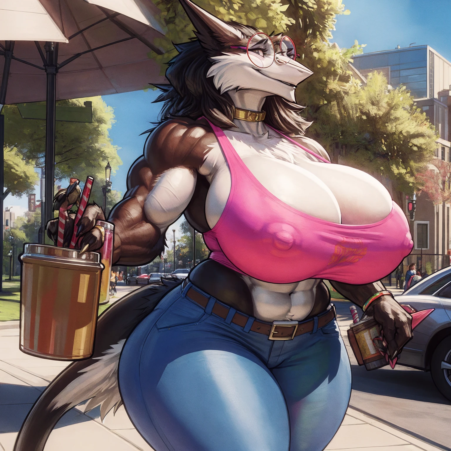 by darkgem, by duase, by BNG, by sligarthetiger, solo, 1girl, sergal, anthro, female, older woman, bodybuilder, muscular, thicc, (round glasses:1.4), furry body, wide body, wide hips, thick thighs, big arms, (huge breasts:1.1), (heavy breasts:1.3), nipple outline, highly detailed eyes, milf, orange tank top, bare midriff, cleavage, large areolae, blue jeans, lowrise jeans, bare midriff, visible thong straps, Masterpiece, best quality, absurd res, highly detailed, cleanly drawn eyes, park environment, cute smile, standing upright, casual posture, buff, holding a smoothie