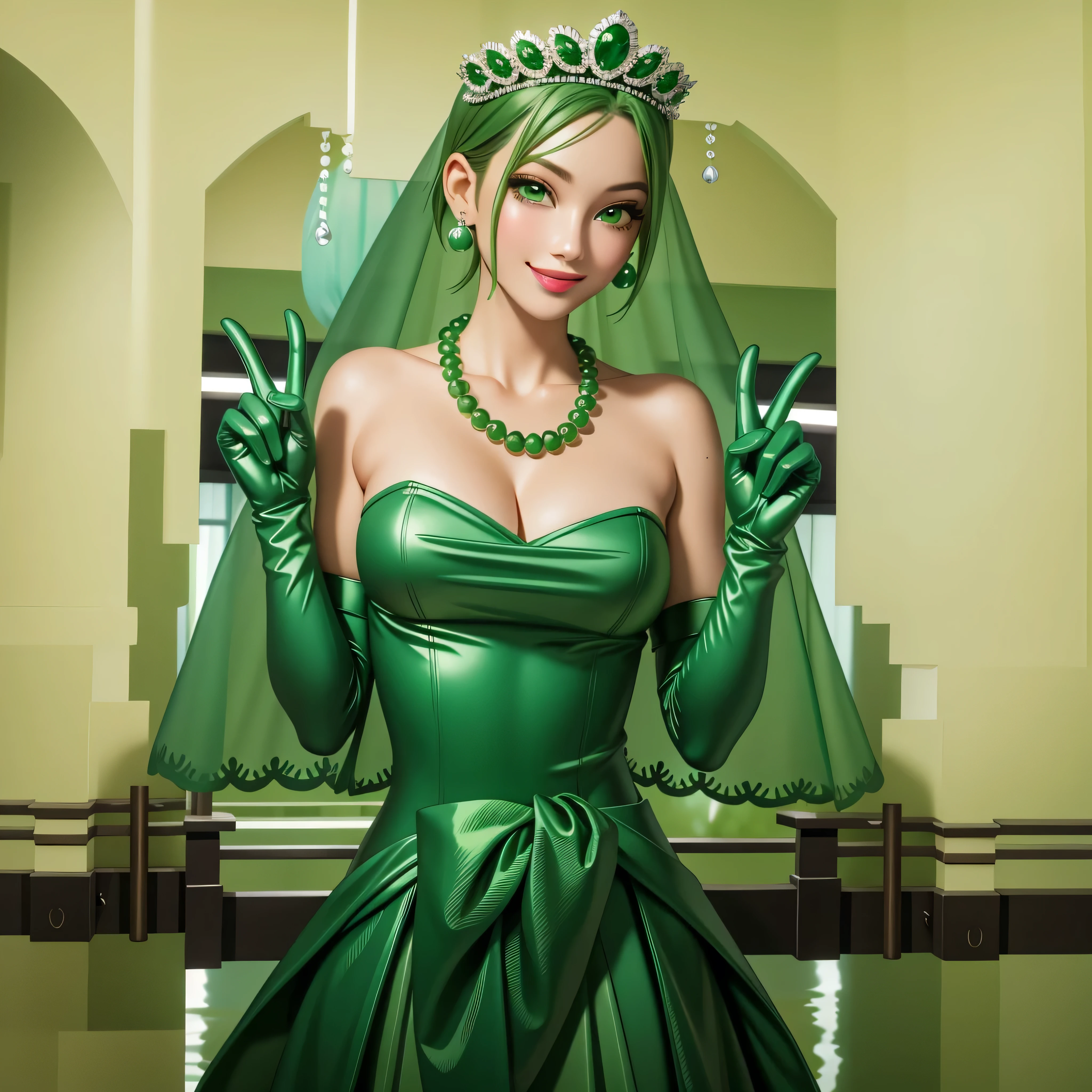 emerald tiara, Green Pearl Necklace, Boyish very short green hair, Green Lips, Smiling Japanese woman, Very short hair, Busty beautiful lady, Green Eyes, Green satin long gloves, Green Eyes, Emerald Earrings, Green veil,V sign, Green Hair, Beautiful Japanese Woman, green lip gloss
