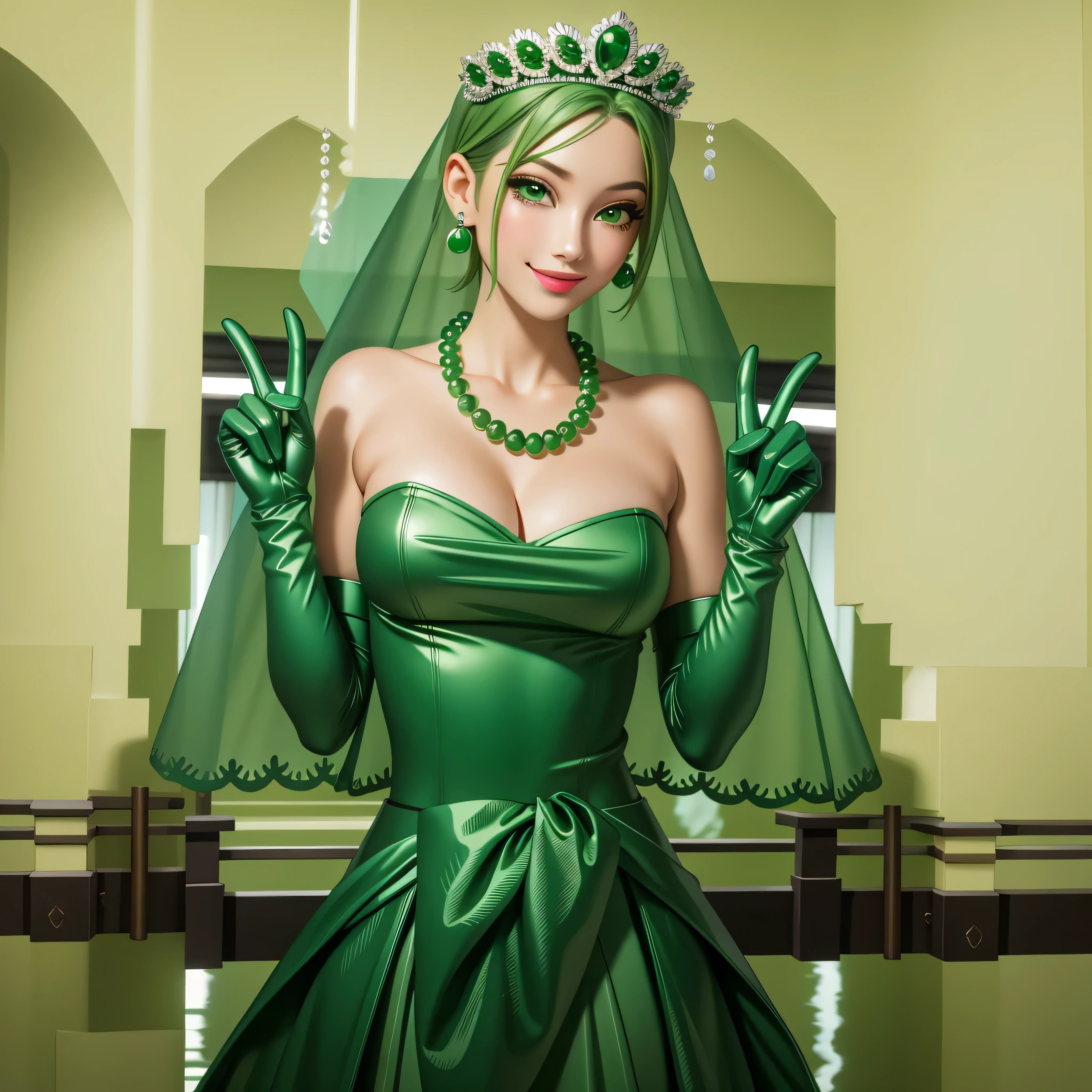 emerald tiara, Green Pearl Necklace, Boyish very short green hair, Green Lips, Smiling Japanese woman, Very short hair, Busty beautiful lady, Green Eyes, Green satin long gloves, Green Eyes, Emerald Earrings, Green veil,V sign, Green Hair, Beautiful Japanese Woman, green lip gloss