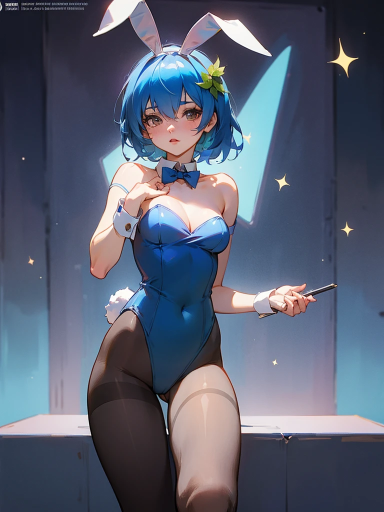 earth-chan, short sleeves, pantyhose, playboy bunny, bare shoulders, cowboy shot, highly detailed, HD, 4K, masterpiece