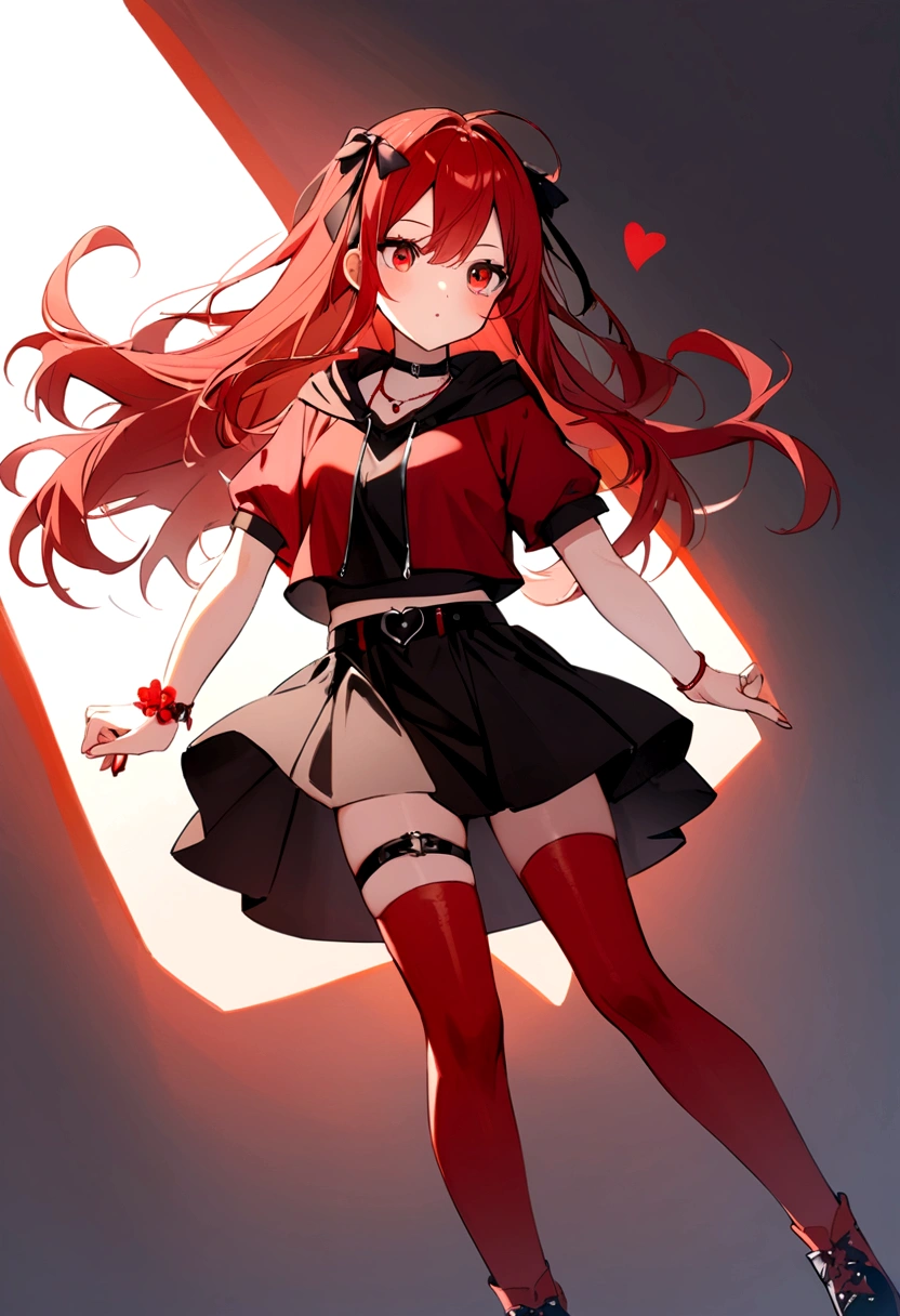 a girl with a red skirt and a black skirt that is under the red shirt . red stockings . red zip up hoodie, black shirt underneath with short sleeves and ,red hair, long hair and a flower with a ribbon on the bottom on the side on the hair and red eyes has a black Choker , and a small heart red necklace , full body has a waistband and a red bracelet