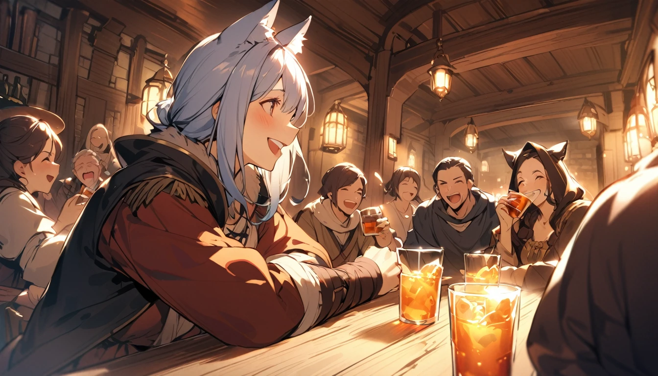 A person with animal ears and a tail々A group of people drinking and laughing in a medieval bar