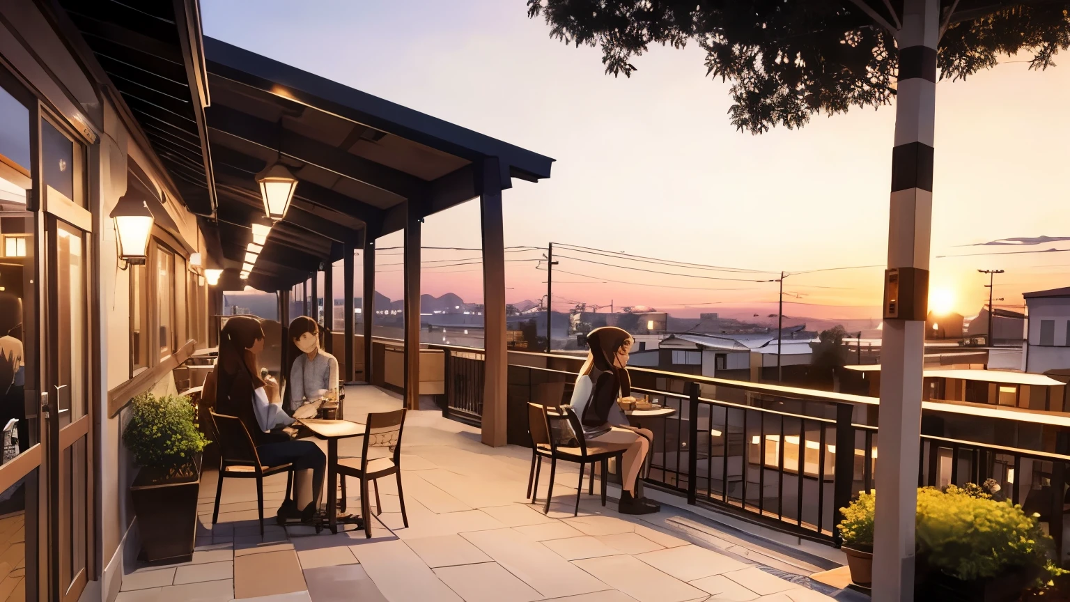 Beautiful cafe terrace at sunset、20 year old girl wearing headphones　coffee　、Animation Style　There is a cat