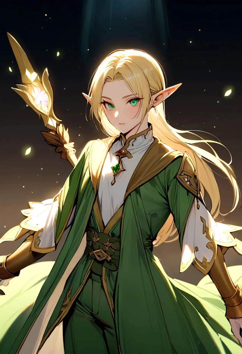 Male elf, long silky blonde hair, pink and white flower tucked behind right ear, fair skin, emerald eyes, has a hunter's bow on her back, blue and green suit that shimmers in the light, cleric