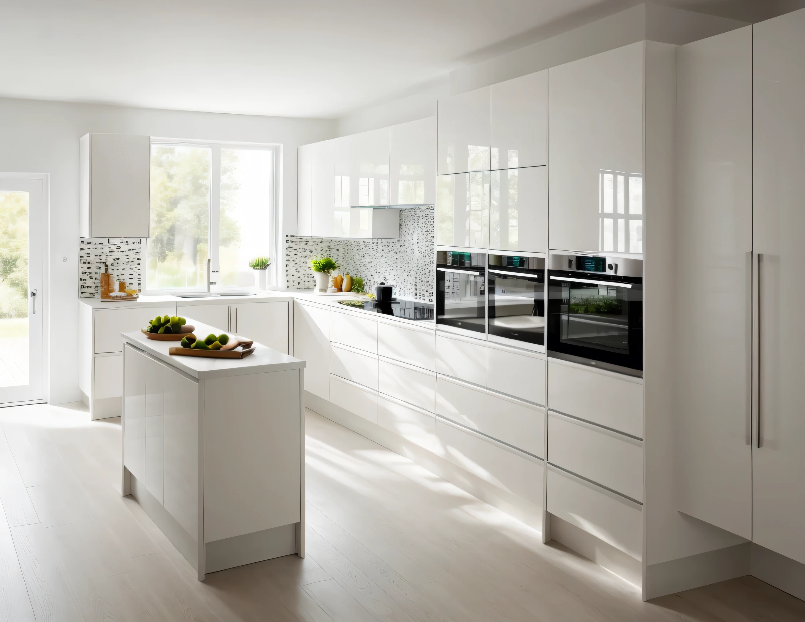 kitchen interior, modern style, white cabinet, neutral color scheme, beautiful lighting, ((window)), fridge, sink, (realistic:1.2), Raw photo, Masterpiece, high quality, best quality, authentic, super detail,