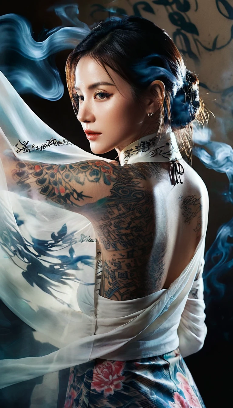 Double Exposure Style,Volumetric Lighting,a girl (Supermodel) with Wrap top,arching her back, beautiful tattoo, Traditional Attire,Artistic Calligraphy and Ink,light depth,dramatic atmospheric lighting,Volumetric Lighting,double image ghost effect,image combination,double exposure style,