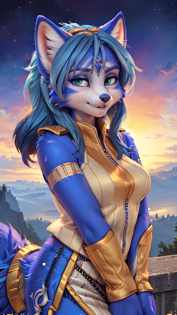 A beautiful and detailed (sweet portrait) wa ((Krystal)), Star Fox Krystal, sslim, lovable, green eyes, medium breasts, (((Long blue hair 1.3))), Decollete, anthro, furry, Uploaded E621, detailed fluffy fur, (wa Fluff-Kevlar, Bayard Wu, Personalami, Pino Daeni), detailed face, (fluffy), 1 girl, alone, sweet girl, 
