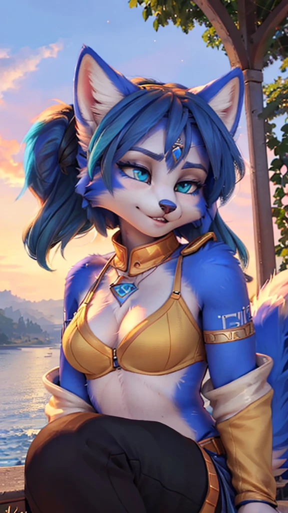 A beautiful and detailed (sweet portrait) wa ((Krystal)), Star Fox Krystal, sslim, lovable, green eyes, medium breasts, (((Long blue hair 1.3))), Decollete, anthro, furry, Uploaded E621, detailed fluffy fur, (wa Fluff-Kevlar, Bayard Wu, Personalami, Pino Daeni), detailed face, (fluffy), 1 girl, alone, sweet girl, 
