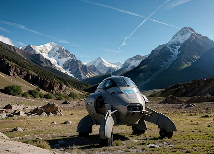 Spaceship lands on planet with huge mountains and little short vegetation on the ground , it's day.