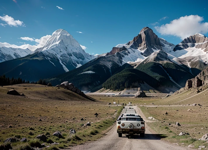 Spaceship lands on planet with huge mountains and little short vegetation on the ground , it&#39;s day.