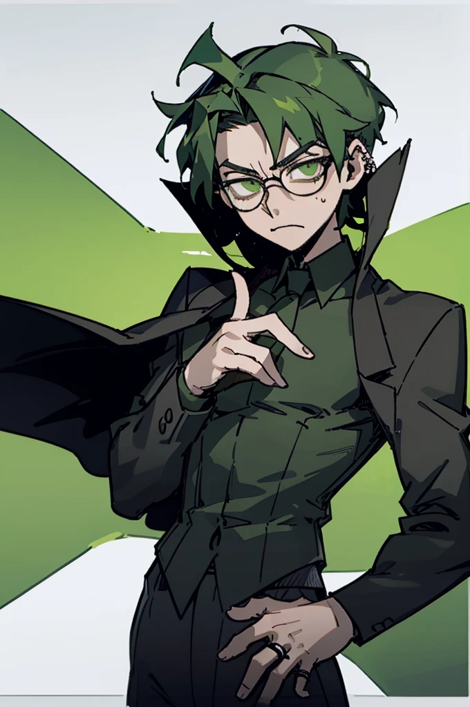 Male, guy, man, young, Tall, piercing leaf green eyes, ring like eyes, dark green hair, well-kept hair, short hair, Stern expression, glasses, rectangle glasses, black and green suit, white undershirt, black pants, librarian, professional, mysterious, ((masterpiece:1.2)), simple background.