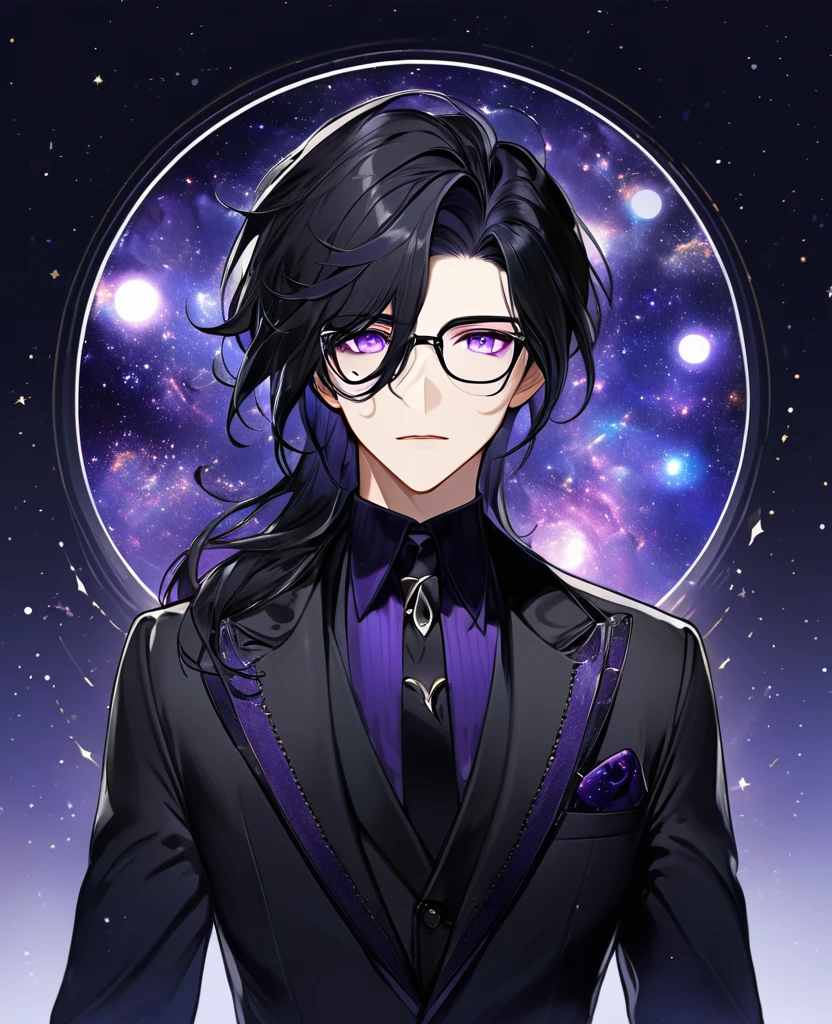 (black_hair), (long_male_hair), (deep_purple_eyes), (detailed_eyes), (attractive), (emotionless), (Deep_space_background), (male), (wearing _a_black_suit), (long_male_hair), (detailed_Hair), (detailed), (detailed_mouth), (mysterious), (complicated), (wears_transparent_glasses)