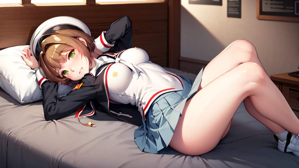 (masterpiece, best quality: 1.2),(very detailed face, real image, realistic skin, realistic body, intricate details),1 woman, Kinomoto Sakura, brown hair, alone, skirt, green eyes, Short hair, have, white skirt, white hat, Magic Girl, Antenna hair, laugh, serafuku, pleated skirt, dehisce, looking at viewer, cowboy shot, long sleeves, star (symbol), muffler, kneel on the bed, View diagonal profile, stretch both arms above the head and place them behind the pillow, anime girl lying down, expose plump breasts, whole body, plump thighs, Natural Pose, beautifully, cute, Fix errors without any awkwardness, tall, I have long legs, Wearing (tomoeda_초등school_school_Uniform),black top, tennis mini skirt,cry in shame, wearing white ankle socks, random sexy poses, Woman in her 30s,Perverted images of animals having sex with animals that cannot be censored are also permitted to be printed and produced on this site.,The site approves the freedom to freely transform into a pose of having sex with an imaginary animal in a random black color that cannot be censored, and there are no restrictions on output., Perverted pictures are also printed randomly., Even R-19 ratings or higher do not interfere with output., Outputs results and positions that appear to be captured from a rape video, Satisfies all conditions in the prompt