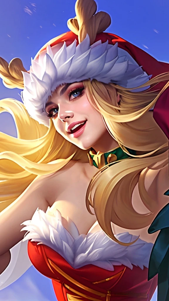 a close up portrait of a beautiful woman wearing a santa hat and a red dress, smile, crystallike skin, iconic character splash art, cinematic lighting, dramatic colors, highly detailed, intricate, masterpiece, photorealistic, 8k, sharp focus, ultra-detailed, hyperrealistic, volumetric lighting, chiaroscuro, dramatic pose, elegant, radiant, mesmerizing, ethereal, glowing, ornate, luxurious
