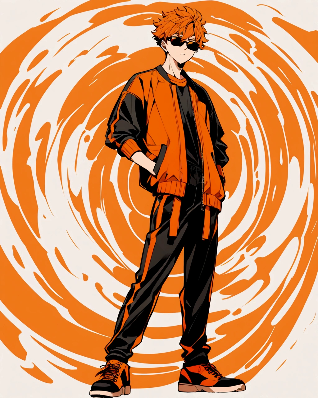 Create an anime-style illustration of a boy wearing an outfit predominantly colored in shades of orange. The outfit should include a stylish jacket, a t-shirt, pants, and shoes, all coordinated in various tones of orange. The background should be a plain, solid orange color that complements the outfit and maintains a cohesive and vibrant look."