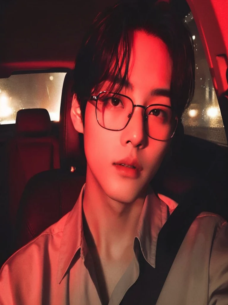 there is a man in glasses sitting in a car with a red light, cai xukun, male ulzzang, headshot profile picture, hyung tae, with glasses, yanjun chengt, taejune kim, sfw, with glowing red eyes, with square glasses, with glasses on, his eyes glowing red, Kim taehyung bts, bts, Kim taehyung, Korean male face, kpop boy, Korean face