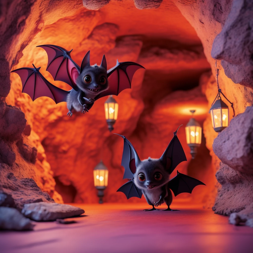 masterpiece, high quality, a cute bat, play happily, in the cave,  at night dark Fairy Tales