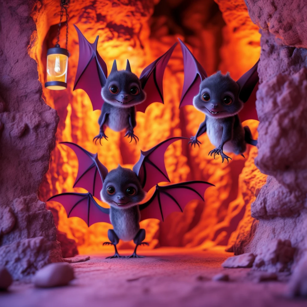 masterpiece, high quality, a cute bat, play happily, in the cave,  at night dark Fairy Tales