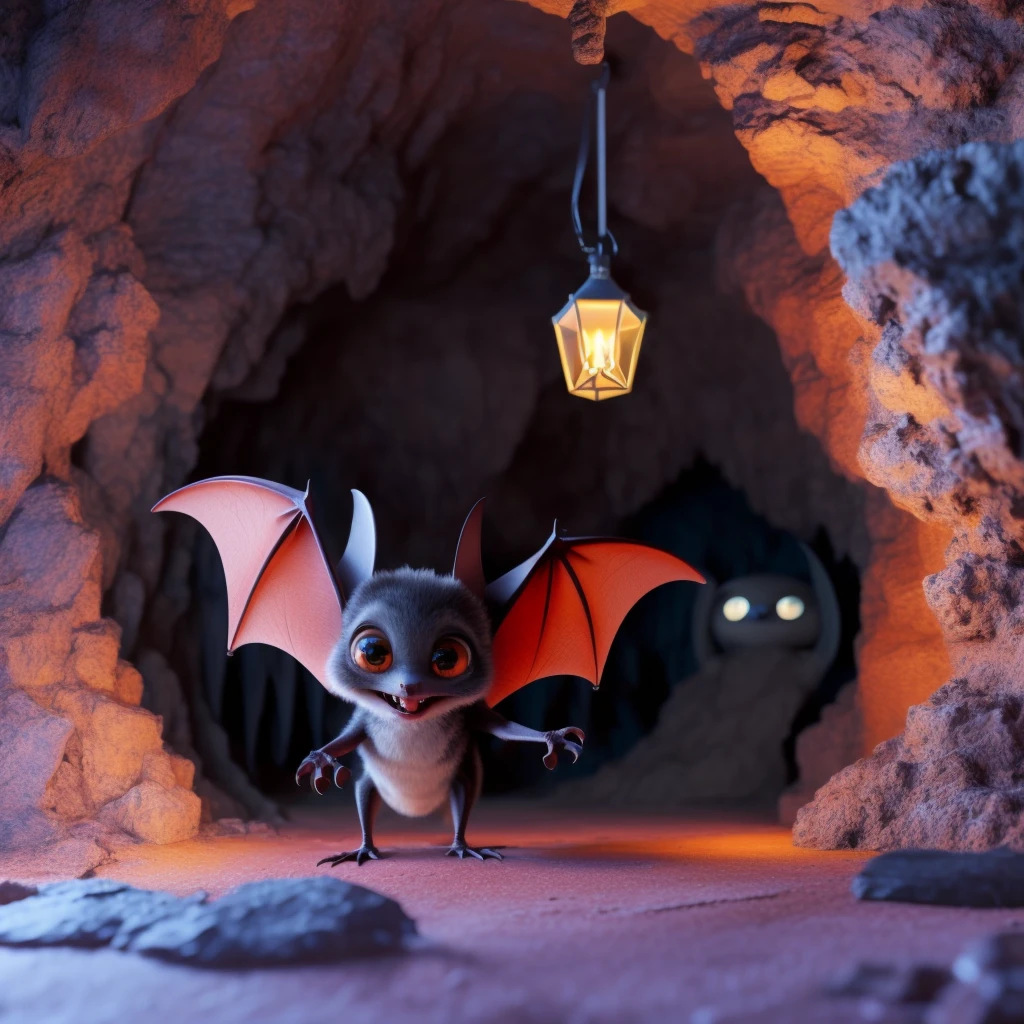 masterpiece, high quality, a cute bat, play happily, in the cave,  at night dark Fairy Tales