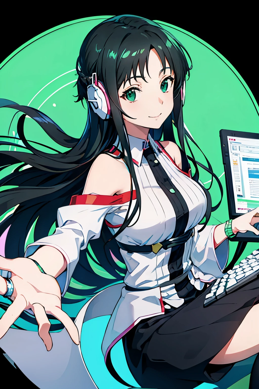 Shoulder-length hair　Black Hair　Office Lady　Using a computer　Office Woman　Anime Style　smile　Wearing headphones　Green Screen