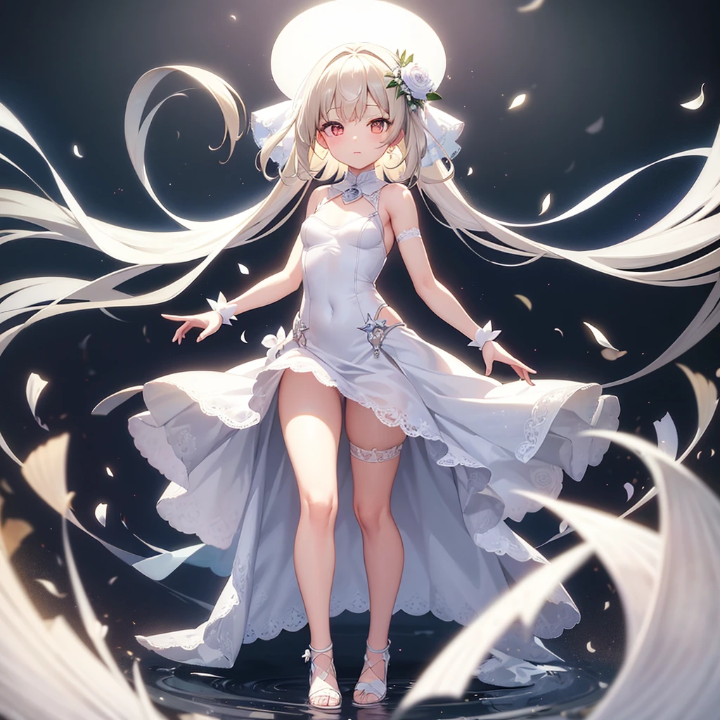 (((White Wedding Dress))), ((Revealing clothing)),((In a naughty way)),Cute little ,Tiny Lori,Small girl,,Childish face, Very fine clean face,Top quality, Big eyes,Straight Hair,Yellow hair,Crimson Eye,(Dark Room), Subtle light, Natural light,Soft lighting,Light from directly behind, (Are standing), Cute pose, (Open your hands), Showing the whole body,Front view,Black background