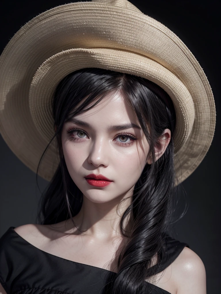 a woman with gray skin, sinister beauty, with long black hair in a bun, yellow eyes, pearly white low-cut dress, with black roses, red lipstick, purple makeup, with a black floppy hat from the game Resident Evil Village