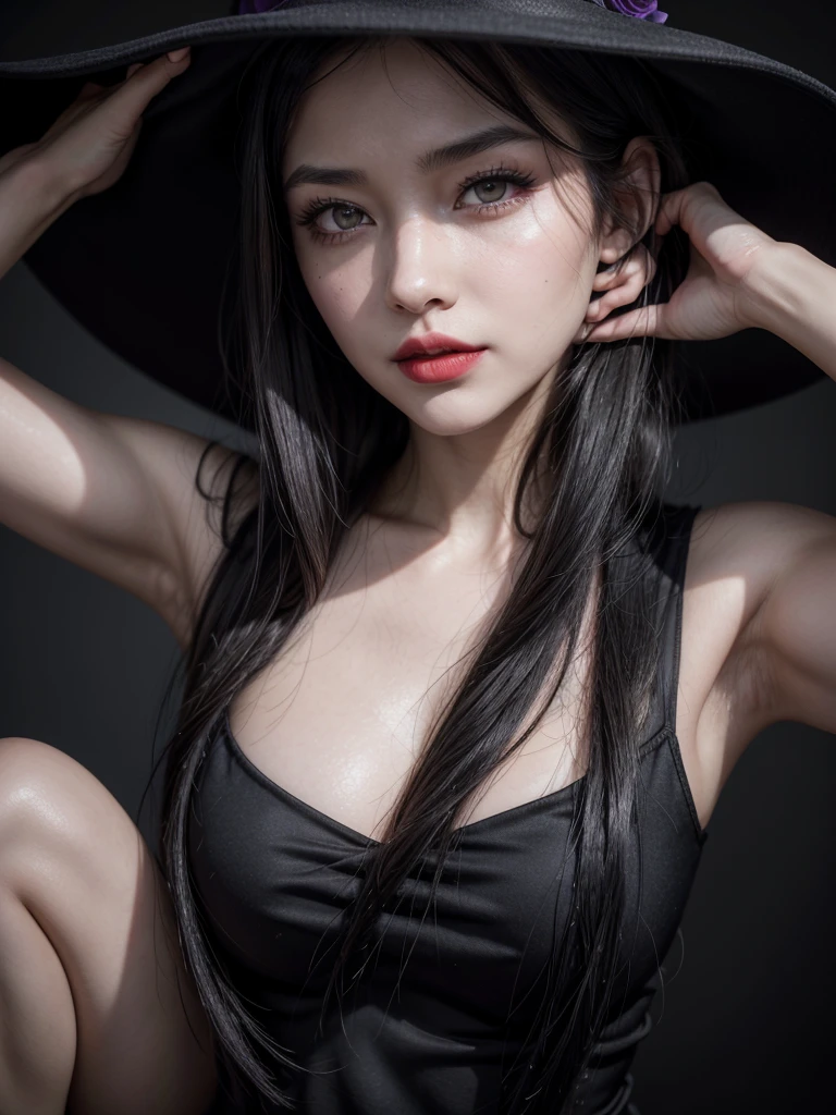 a woman with gray skin, sinister beauty, with long black hair in a bun, yellow eyes, pearly white low-cut dress, with black roses, red lipstick, purple makeup, with a black floppy hat from the game Resident Evil Village