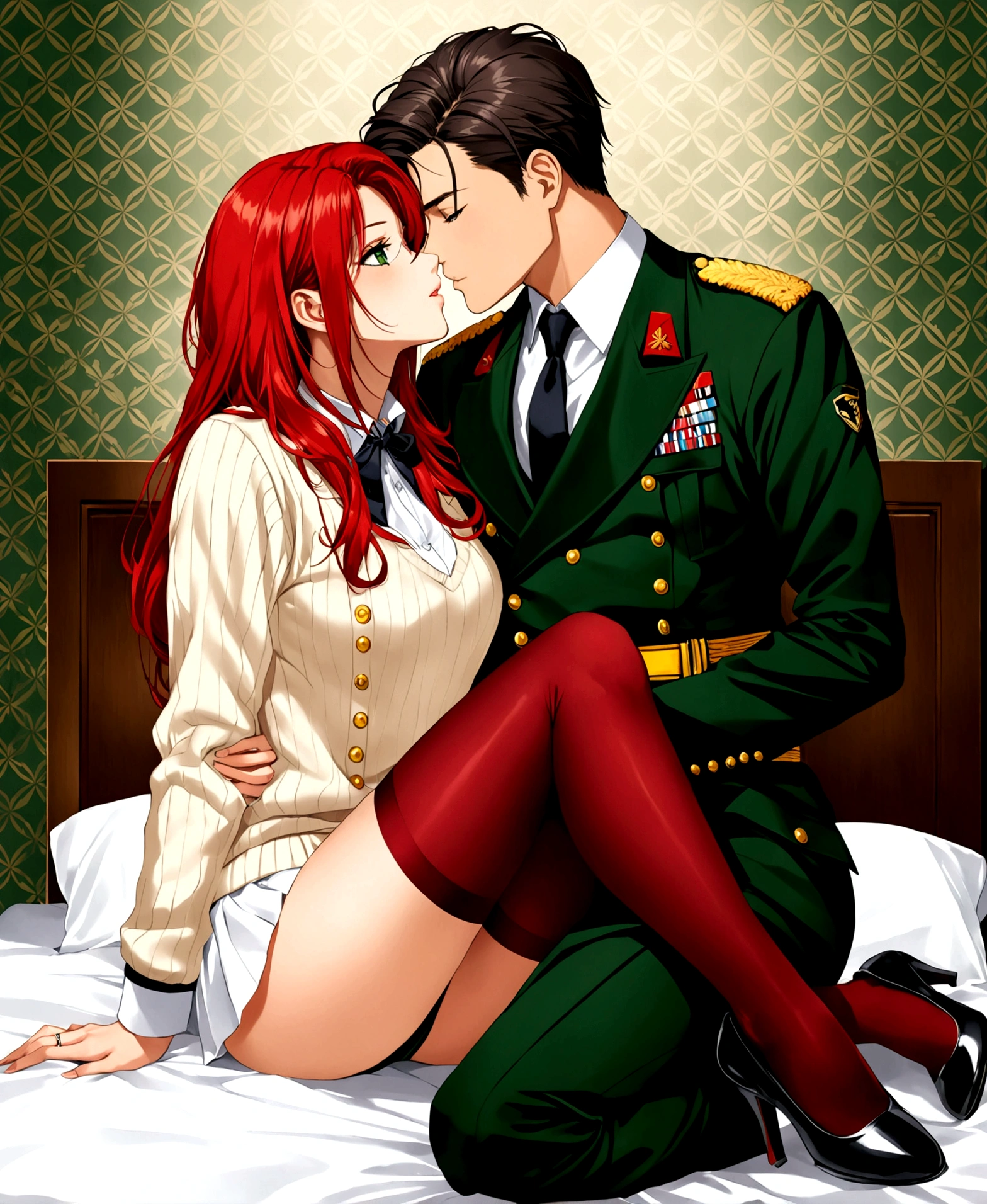 a stunningly beautiful  student at a military academy, 17 years old, /(perfect and detailed hands, fine fingers, perfect and highly detailed eyes, perfect face, perfect and athletic body,), /(long red hair, triangular face, perfect green eyes, shapely legs, hourglass body,), /(military cadet  with slim fit: beige sweater, white blouse, dark green miniskirt with pleats and oxfod gray line patterns, dark red thigh-high stockings held up with ribbons, black women's military shoes with small heels,), in a room, medium illumination of a lamp, kissing with an youbg man, 21 years old, /(formal suit, rings on fingers,), on top of the man riding him, lying on the bed, frontal focus, 