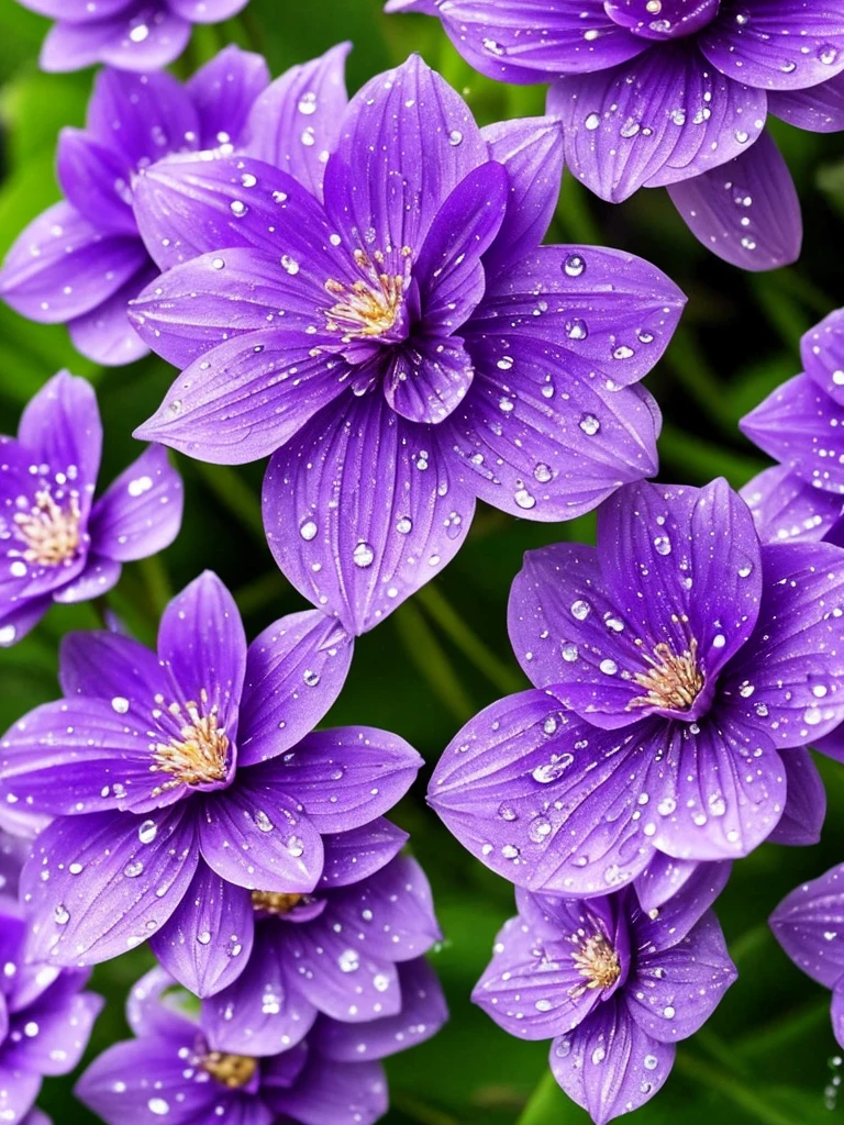 purple flowers with water droplets on them in the dark, a macro photograph by Eugene Leroy, flickr, art nouveau, beautiful flowers and crystals, beautiful!!!!!!!!!, magical flowers, beautiful detail, dewdrops, purple sparkles, ethereal!!!!!!!, dew drops, extremely beautiful and ethereal, sparkling petals, dew, beautiful detail and color, intricate foreground, ethereal beauty, intricate and beautiful
