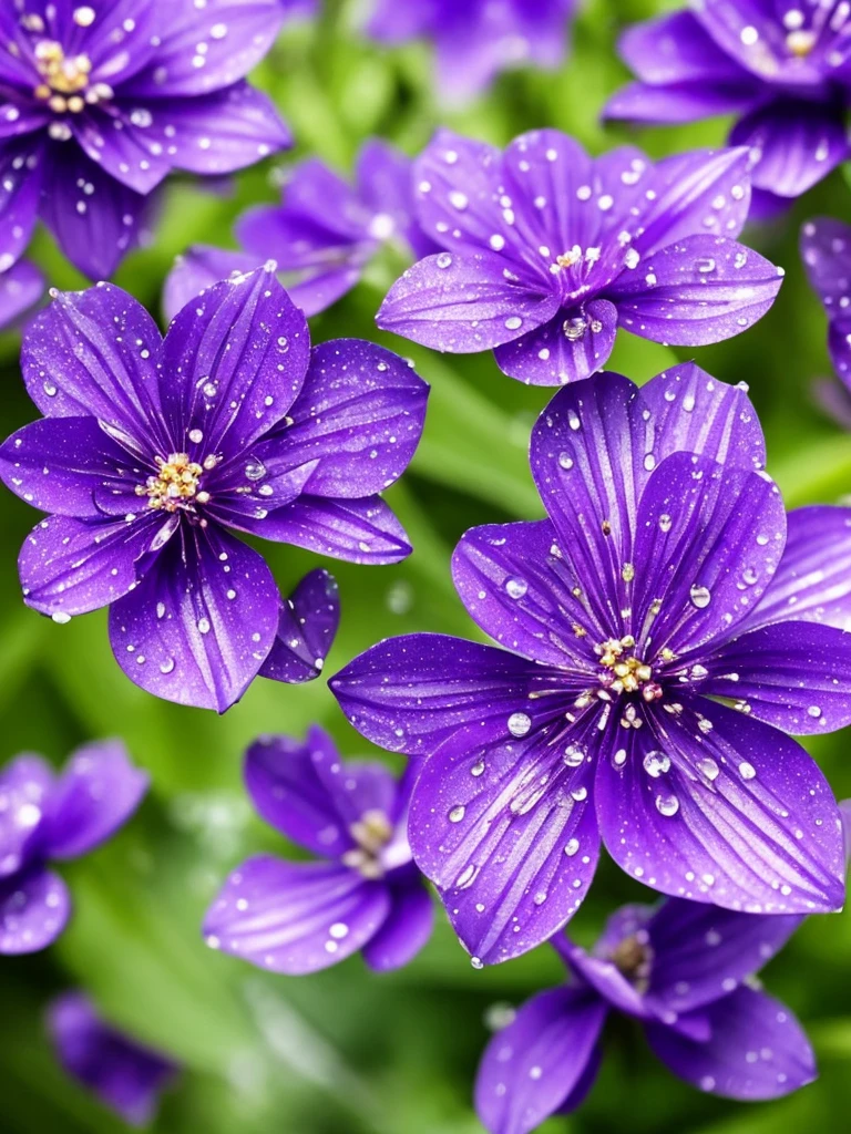 purple flowers with water droplets on them in the dark, a macro photograph by Eugene Leroy, flickr, art nouveau, beautiful flowers and crystals, beautiful!!!!!!!!!, magical flowers, beautiful detail, dewdrops, purple sparkles, ethereal!!!!!!!, dew drops, extremely beautiful and ethereal, sparkling petals, dew, beautiful detail and color, intricate foreground, ethereal beauty, intricate and beautiful