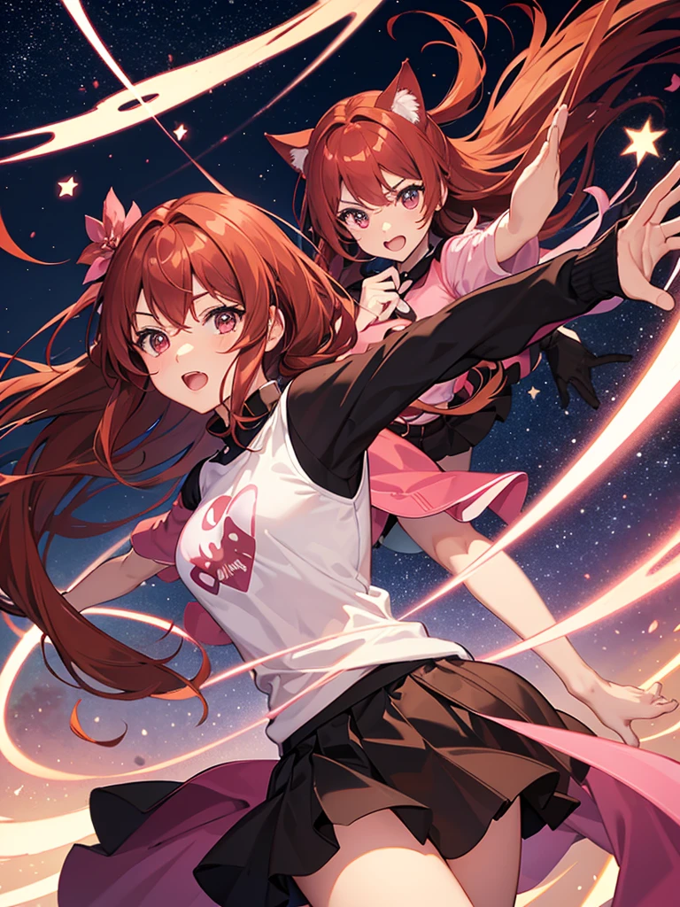 red-brown hair woman, night with stars, fighting with her super gun pink with your cat duo fighting, her eyes brown and her clothes a skirt pink and ribom pink 