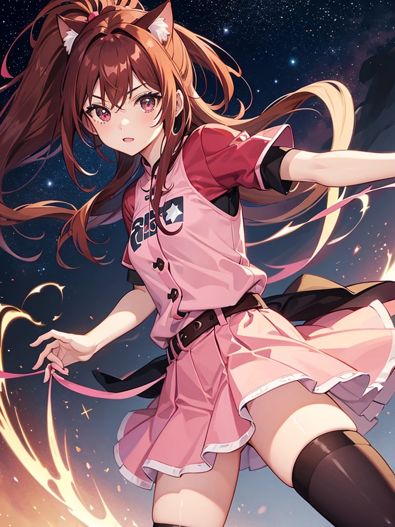 red-brown hair woman, night with stars, fighting with her super gun pink with your cat duo fighting, her eyes brown and her clothes a skirt pink and ribom pink
