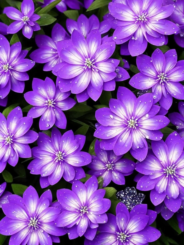 purple flowers with water droplets on them in the dark, beautiful flowers and crystals, beautiful!!!!!!!!!, magical flowers, beautiful detail, dewdrops, purple sparkles, ethereal!!!!!!!, dew drops, extremely beautiful and ethereal, sparkling petals, dew, beautiful detail and color, intricate foreground, ethereal beauty, intricate and beautiful, stunningly beautiful, beautiful!!!, intricately