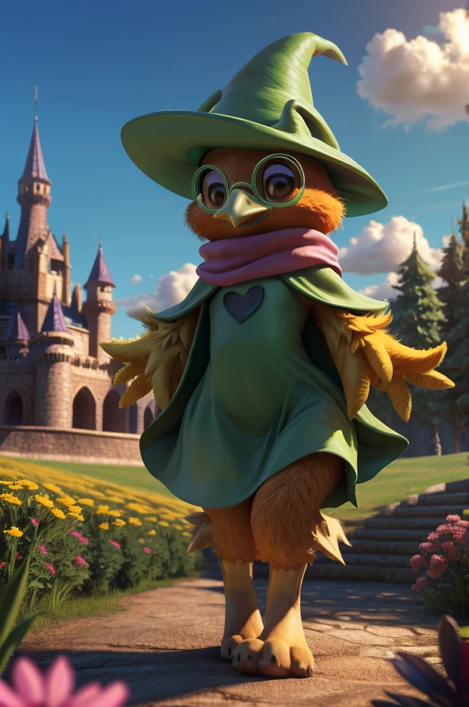 male , bird, torchic, background, (cinematic lighting:1.1), (perfect focus:1.1), 8k hd, (detailed eyes:1.2),depth of field, bokeh, subsurface scattering, perfect breasts, wide ,((Ralsei Deltarune clothing )),bright colors, (furry detail:1.3),detailed background, realistic, photorealistic, ultra realistic,castle on a hill and a lot of fog,  natural landscape, trees, flowers, sky, clouds,realistic, photorealistic ,smile,(fluffy:1.3), furry, buff, (realistic fur:1.1), (extreme fur detail:1.2),((light orange fur)),(Black pupil, brown eyes,pixar style eyes),torchic tail,3d pixar legs, with pectorals,anthropomorphic body almost of a human,(yellow beak, yellow feathered hands, sexy feet and hips with some volume),(Dark Fantasy mode). 