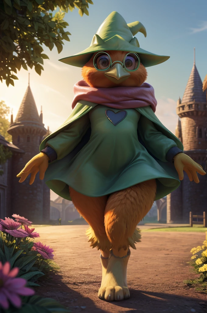 male , bird, torchic, background, (cinematic lighting:1.1), (perfect focus:1.1), 8k hd, (detailed eyes:1.2),depth of field, bokeh, subsurface scattering, perfect breasts, wide ,((Ralsei Deltarune clothing )),bright colors, (furry detail:1.3),detailed background, realistic, photorealistic, ultra realistic,castle on a hill and a lot of fog,  natural landscape, trees, flowers, sky, clouds,realistic, photorealistic ,smile,(fluffy:1.3), furry, buff, (realistic fur:1.1), (extreme fur detail:1.2),((light orange fur)),(Black pupil, brown eyes,pixar style eyes),torchic tail,3d pixar legs, with pectorals,anthropomorphic body almost of a human,(yellow beak, yellow feathered hands, sexy feet and hips with some volume),(Dark Fantasy mode). 