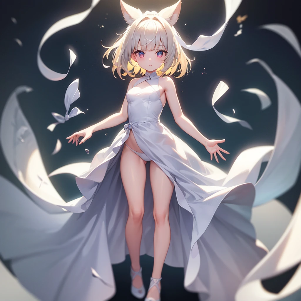 (((White Wedding Dress))), ((Revealing clothing)),((In a naughty way)),Cute little ,Tiny Lori,Small girl,,Childish face, Very fine clean face,Top quality, Big eyes,Straight Hair,Yellow hair,Crimson Eye,(Dark Room), Subtle light, Natural light,Soft lighting,Light from directly behind, (Are standing), Cute pose, (Open your hands), Showing the whole body,Front view,Black background