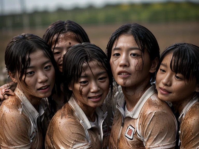 (A plain white short sleeved dirt stained field hockey uniform with a very tight white half zip:1.7)、(A large, dirt-stained, white, square collar: 1.6)、(Red clay ground:1.5)、My hair is wet and messy、(Beautiful Japanese woman covered in dirt:2.5)、Highest quality, masterpiece, Ultra-high resolution, Photorealistic, Raw Photos,Detailed face,(Muscular woman:2.4), (Fastener open: 1.8), (Upper body zoom up:1.0),(Everyone wears the same clothes:1.0), All members are super beauties, (Group photo of beautiful Japanese women huddled together: 1.5), (Hair tied up: 1.4), (Exhausted expression:1.6), Bright photo, (My whole body is drenched in rain: 1.7), (Covered in mud and earth: 1.5)