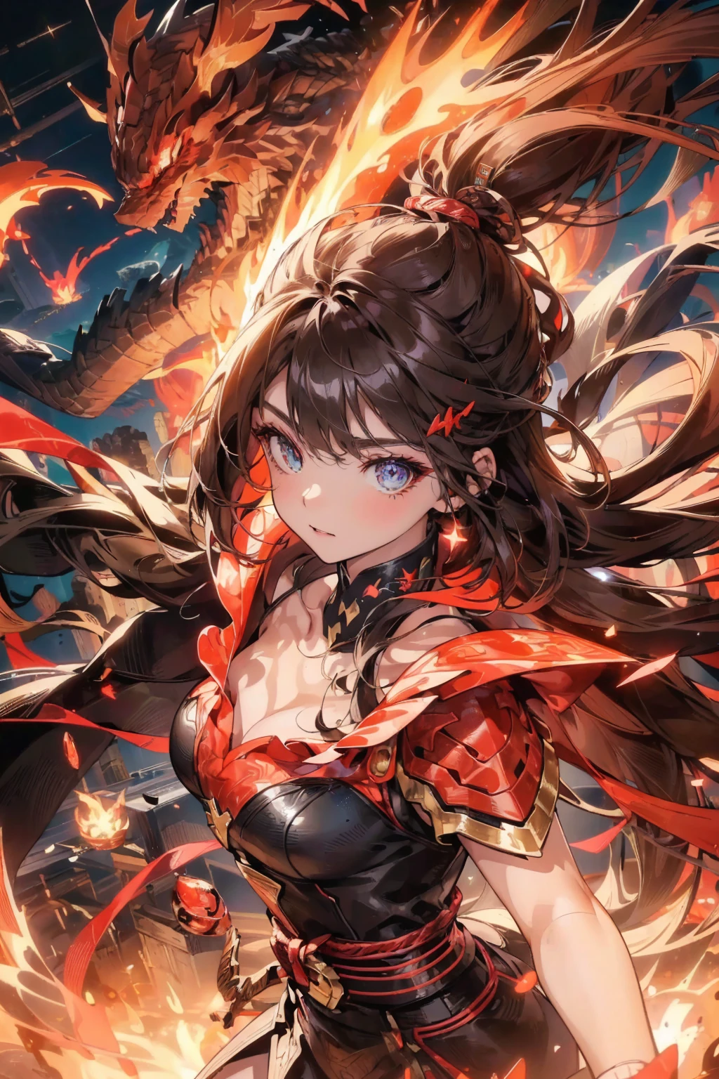 (best quality、masterpiece、high resolution)、4K animation art,Maximum details, Movie, Abstract Art, Dark theme, 1 girl, aldult (Elf:0.7) Miss, freckle, ruby色的眼睛, Beach Waves, 
(Style Swirl Magic:0.8),  Solitary, (whole body:0.6), Detailed background, Delicate face, (Hawaiian tribal theme:1.1) (Sparkling eyes:1.05),   Elemental Fire Armor Warrior, [Heavy Armor:Molten Rock:2], covered in Molten Rock, ruby,  enough,  hot,   Glowing Halo, Floating particles, ember, Storm in the background,   Movie cataclysmic atmosphere,
