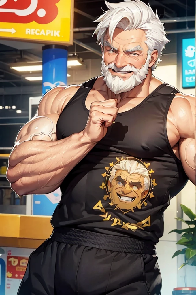 a muscular old man in  cashier, tank top, happy, suits, vector, mwvector, bokeh, smile, (masterpiece), (best quality), 8k. huge and  muscular, thick arms, short hair, white hair