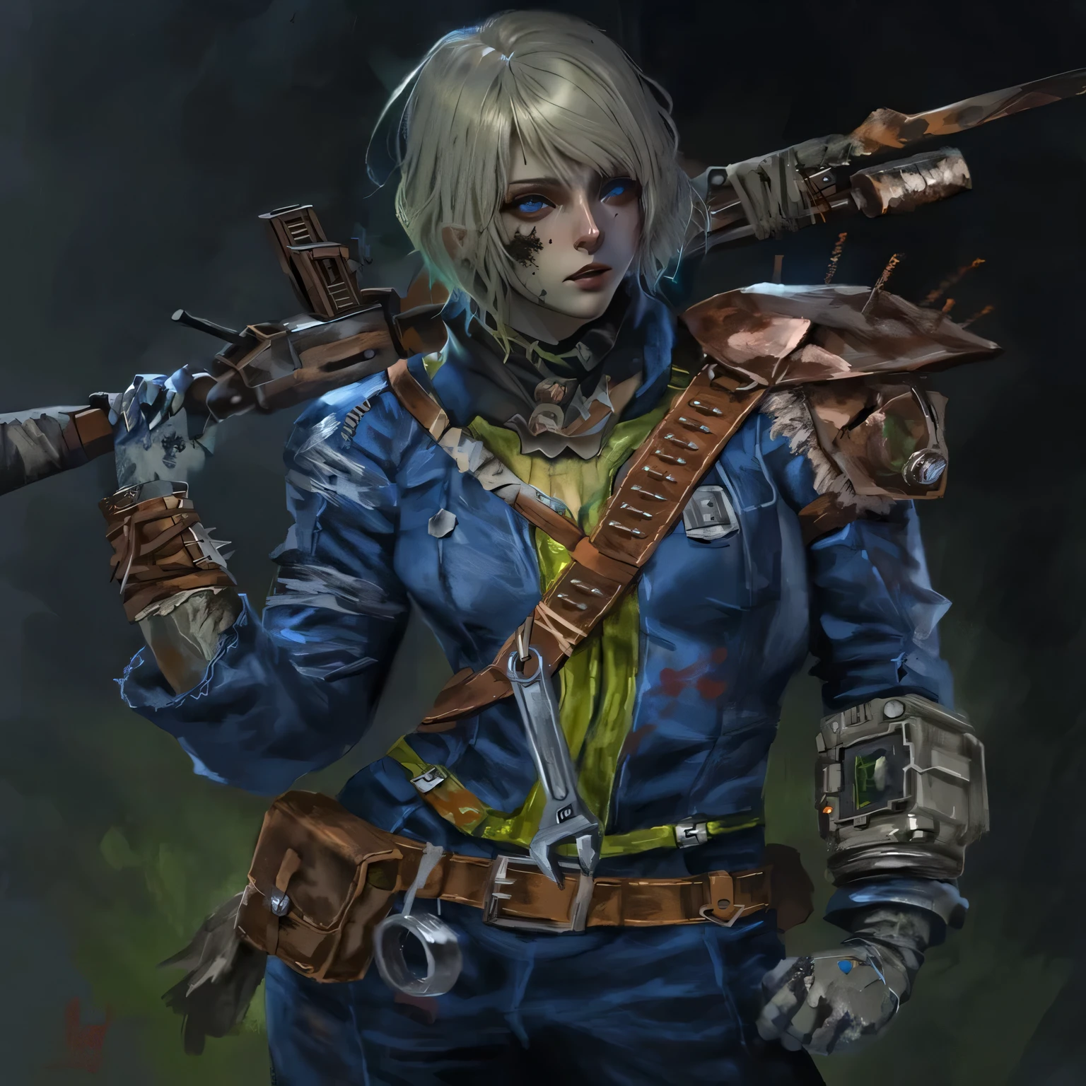 Ghoul de Fallout, vault garments, pale skin, blue bright eyes, platinum blonde hair.