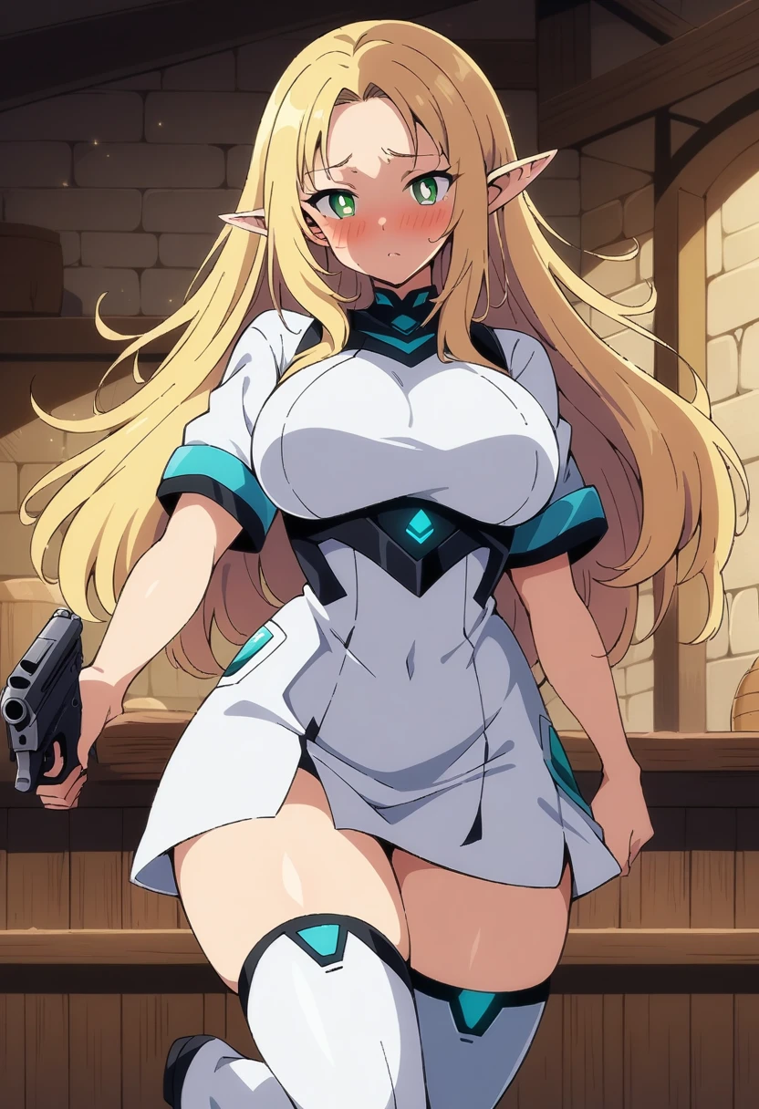 anime art style, masterpiece, best quality, very aesthetic, absurdres, dynamic shadows, atmosferic, marcilledonato, ((1girl)), blonde hair, long hair, parted bangs, green eyes, detailed eyes, bright pupils, pointy ears, curvy body, large breasts, sexy, ((futuristic clothes)), white hoodie, gun, short sleeves, thighhigh boots, borrowed, embarrased, intense blush, ((cowboy shot)), (from front), (standing on one leg), (tavern), (looking at viewer:1.0)