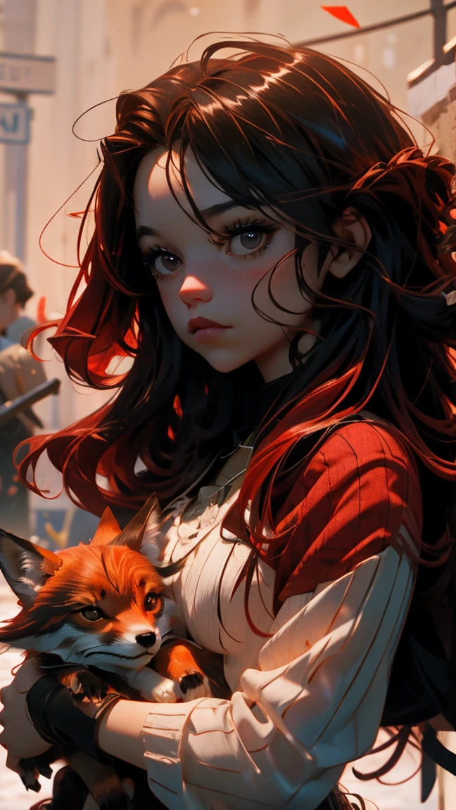 close up, beautiful young girl, red long hair, black eyes, red fox in the hands, girl holding red fox, 8k, high detailed, high realism, dark fantasy art