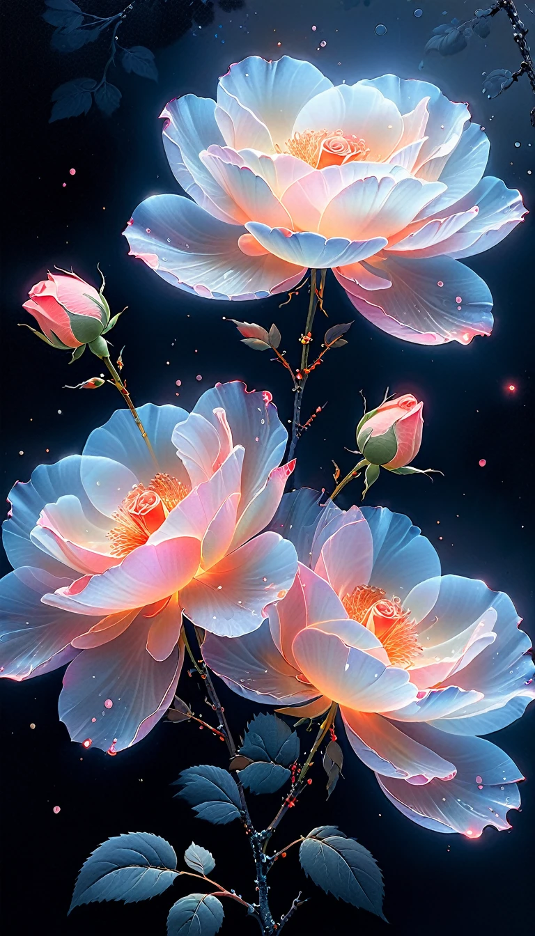 Chinese painting,Ethereal Beauty,Ink Painting,Ink splash,gongbi,Delicate brushstrokes,Zen simplicity,(Minimalism:1.2),Soft Light, Cover Art, high quality, masterpiece, 32k, Amazing composition, Stunning beauty, Extremely detailed, black background, (((Rose stick figures))), Glowing flowers, Translucent petals, color, Fluorescence, slope, Highest detail, Colored particles, Streamer, Rim Light, Superrealisticart, Colorful, Dissolve and disappear into particles, translucent Fluorescence, Glowing particles, Optical flare, No humans, ((The perfect combination of traditional fine brushwork and light and shadow)), Award-winning illustration art,